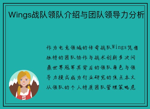 Wings战队领队介绍与团队领导力分析